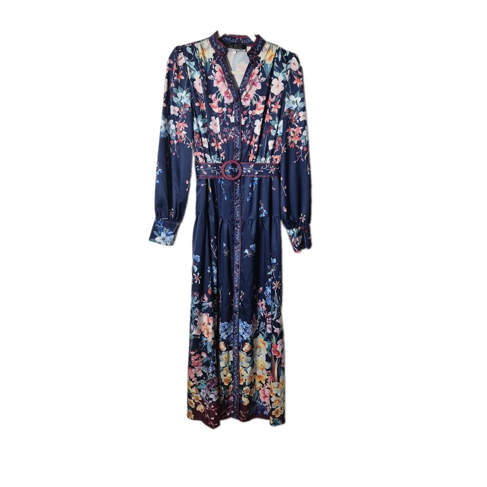 Dalia MacPhee Floral Border Print Long Sleeve Maxi Dress Belted Navy Size Small